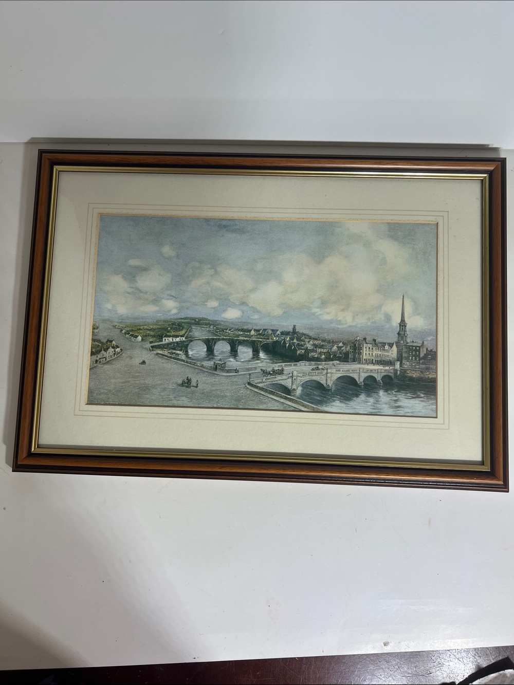 Framed Vintage River Bridge Art Print in Brown and Cream Approximately 18x13